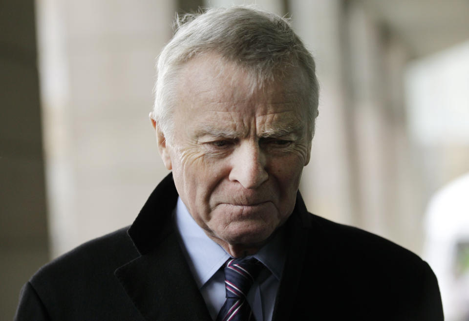 FILE - In this file photo dated Monday, Dec. 5, 2011, former Formula One chief Max Mosley arrives at a Select Committee hearing on privacy and injunctions, in London. Former Formula One boss and privacy campaigner Max Mosley has died on Sunday May 23, aged 81, it is announced Monday May 24, 2021. (AP Photo/Sang Tan, FILE)