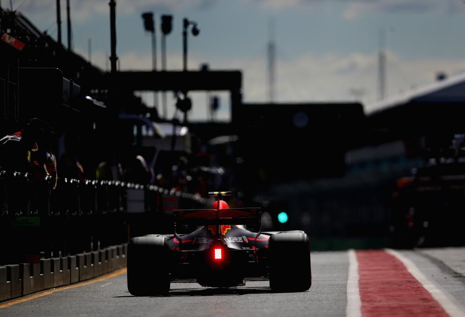 <p>Max Verstappen of the Netherlands driving the (33) Red Bull Racing Red Bull-TAG Heuer RB13 TAG Heuer in the Pitlane during final practice for the Australian Formula One Grand Prix at Albert Park </p>