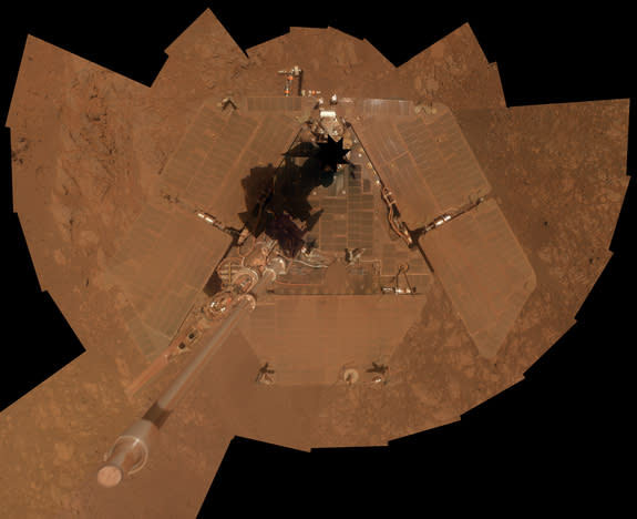 NASA's Mars Exploration Rover Opportunity recorded the component images for this self-portrait about three weeks before completing a decade of work on Mars. The rover's panoramic camera (Pancam) took the images between Jan. 3 and Jan. 6, 2014.