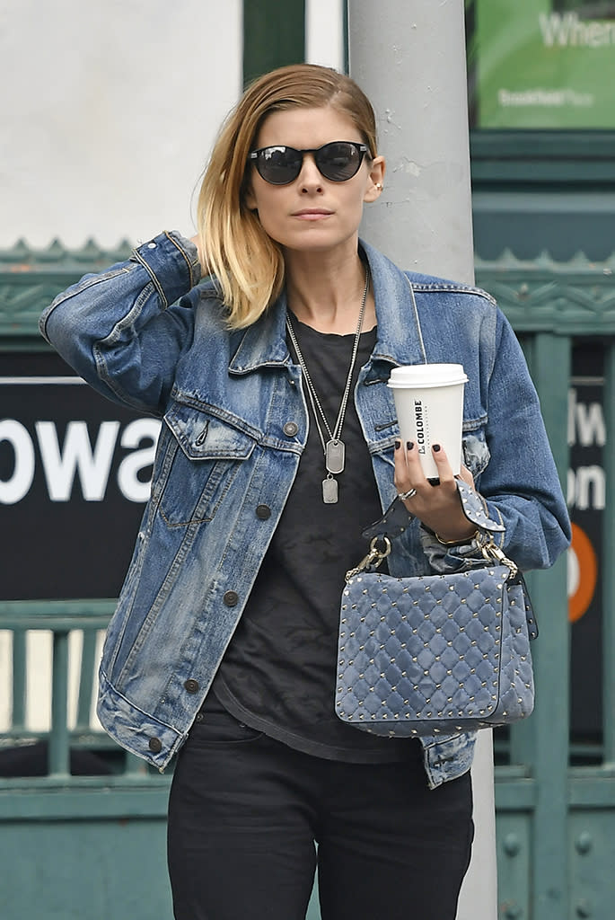 <p>Before tying the knot with Jamie Bell in July, Mara showed off her <a rel="nofollow" href="https://www.yahoo.com/celebrity/kate-mara-jamie-bell-married-183800573.html" data-ylk="slk:engagement ring;elm:context_link;itc:0;sec:content-canvas;outcm:mb_qualified_link;_E:mb_qualified_link;ct:story;" class="link  yahoo-link">engagement ring</a> (and her rock ’n’ roll syle) while out on a coffee run in New York City’s SoHo neighborhood. (Photo: Splash News) </p>