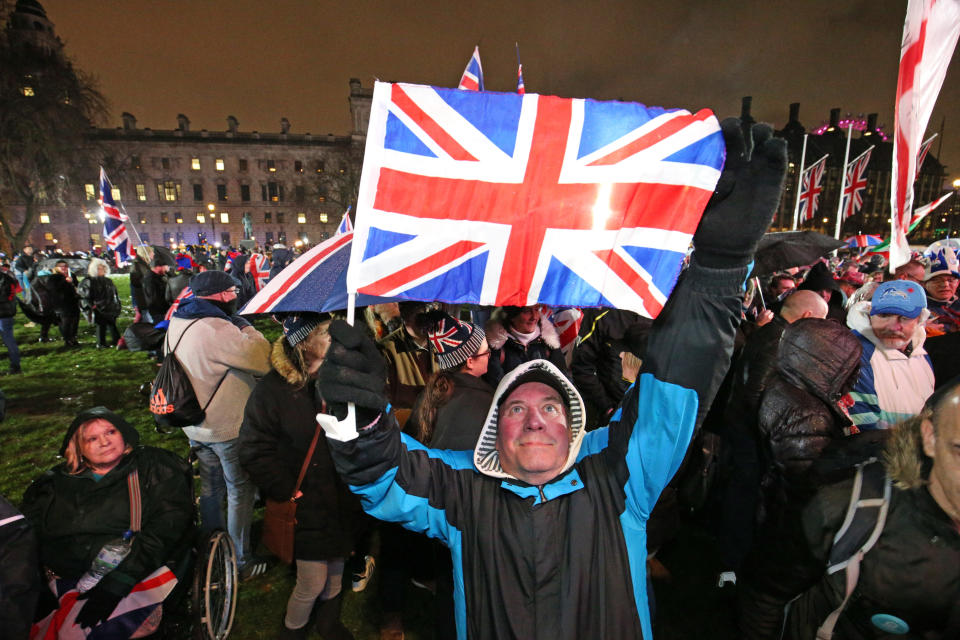 Pro-Brexit supporters in Parliament Square, London, ahead of the UK leaving the European Union at 11pm on Friday.