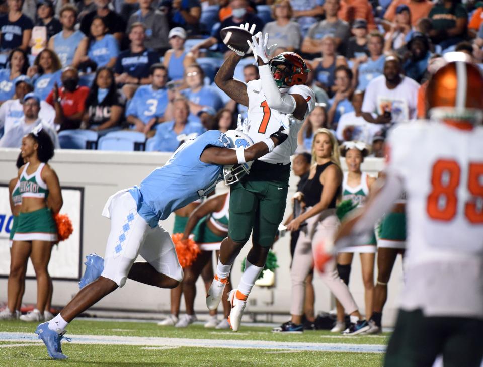 Aug 27, 2022; Chapel Hill, North Carolina, USA; Florida A&M Rattlers running back Destin Coates (1) catches a touchdown pass during the first half against the North Carolina Tar Heels at Kenan Memorial Stadium. Mandatory Credit: Rob Kinnan-USA TODAY Sports