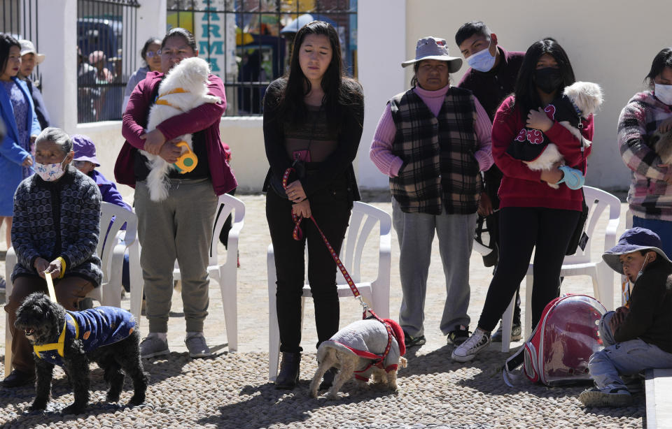 Perros y dueños van a una misa en la iglesia del Cuerpo de Cristo por las celebraciones del día de San Roque, considerado el santo patrón de los perros, en El Alto, Bolivia, el miércoles 16 de agosto de 2023. (AP Foto/Juan Karita)