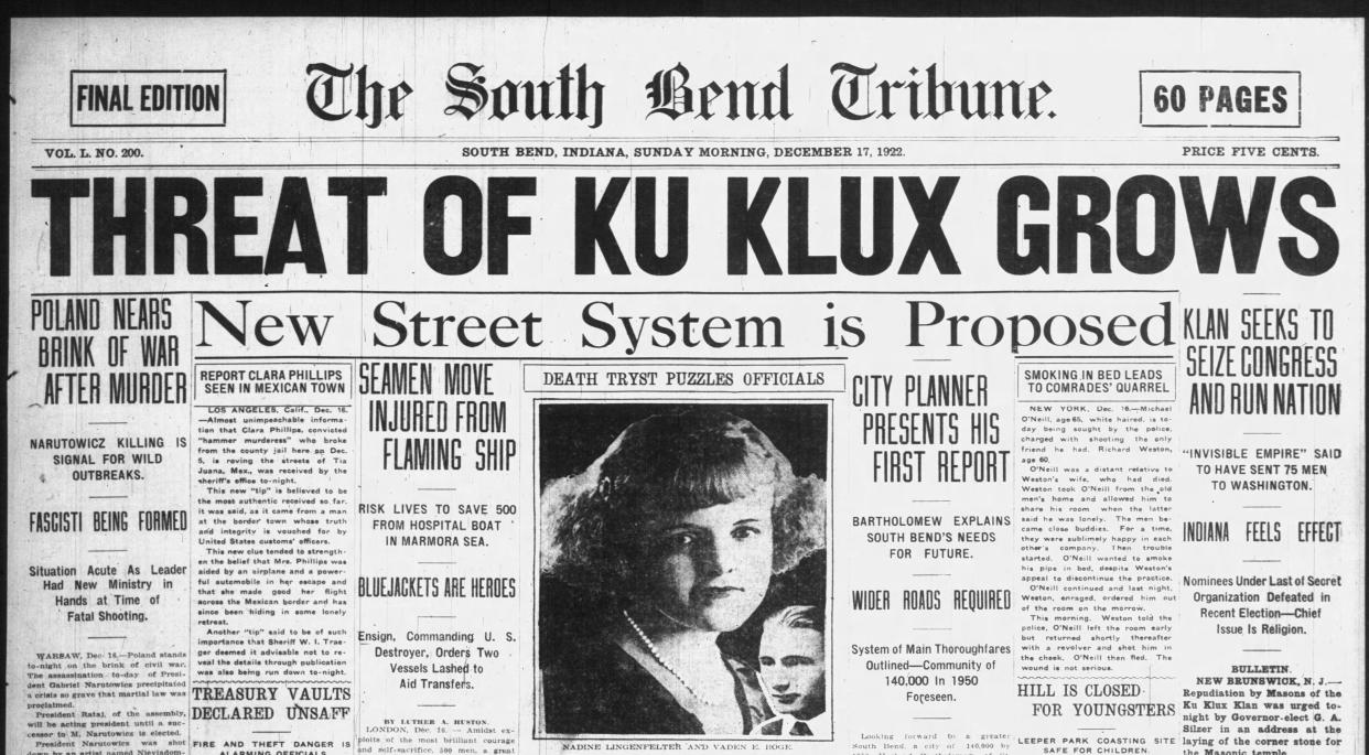 This front page from the South Bend Tribune, dated Dec. 17, 1922, will be one of the items included in the exhibit "RESIST!" that the Indiana Historical Society and The History Museum will present from May 17 to Oct. 13, 2024, at the St. Joseph County Public Library in South Bend. It examines the activities of the Ku Klux Klan in St. Joseph County and Indiana in the 1920s.