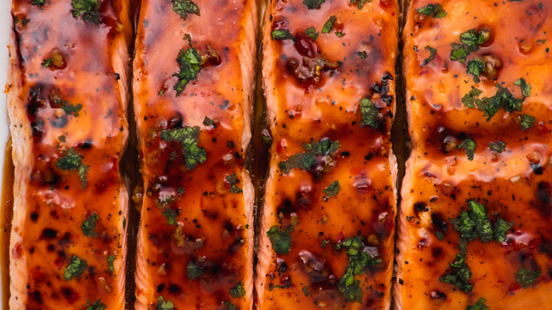 Close up of broiled sweet chili salmon