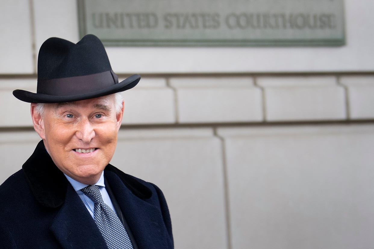 Roger Stone leaves federal court after a sentencing hearing on Feb. 20 in Washington, D.C.  (Photo: BRENDAN SMIALOWSKI via Getty Images)