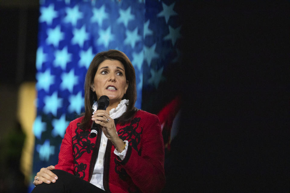 Former Gov. of South Carolina and UN Ambassador under President Donald Trump, Nikki Haley speaks to students during convocation at Liberty University on Friday, Nov. 15, 2019 at the Vines Center in Lynchburg, Va. (Emily Elconin/The News & Advance via AP)