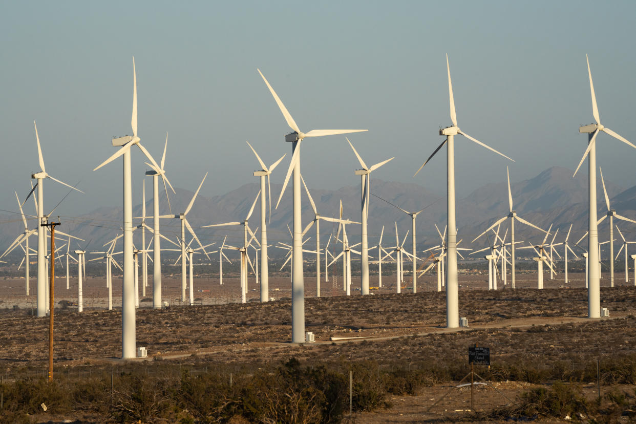 Wind turbines at the San Gorgonio Pass wind farm in Whitewater, California on June 3, 2021. (Bing Guan/Bloomberg via Getty Images)