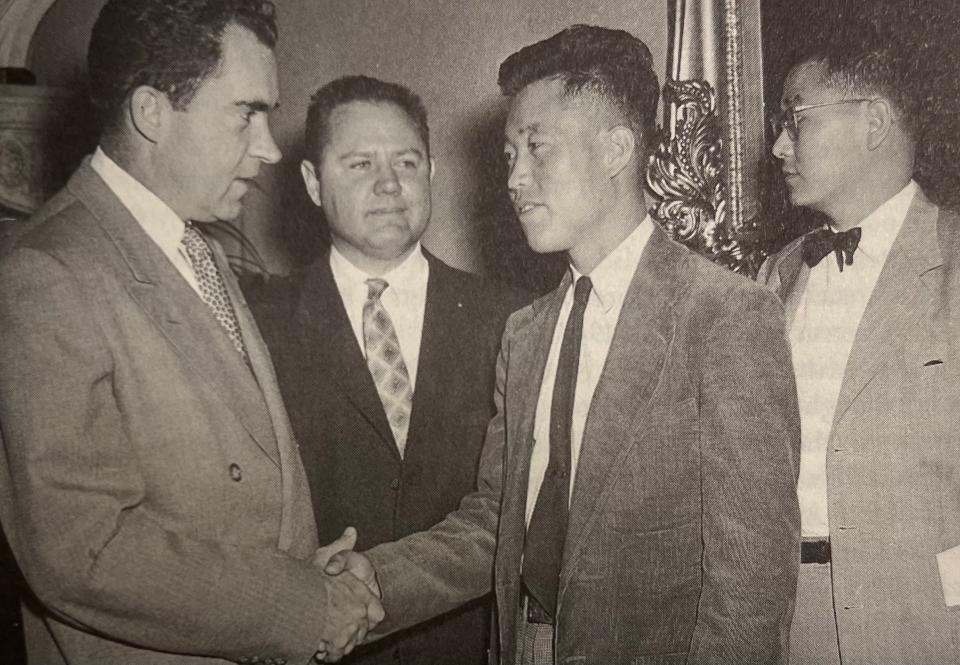 Vice President Richard Nixon shakes No Kum-Sok's hand in Washington, D.C., on May 5, 1954. No Kum-Sok, who later changed his name to Kenneth Rowe, was a North Korean Air Force pilot who escaped the communist regime a few months earlier by flying his MiG-15 fighter jet to a U.S. air base in South Korea. Also pictured are Congressman Joe Holt (R-California) and U.S. Army Major James Kim, right.