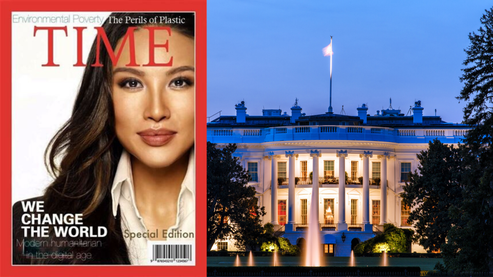 Pictured: Mina Chang on fake Time magazine cover, White House. Images: Getty, NBC