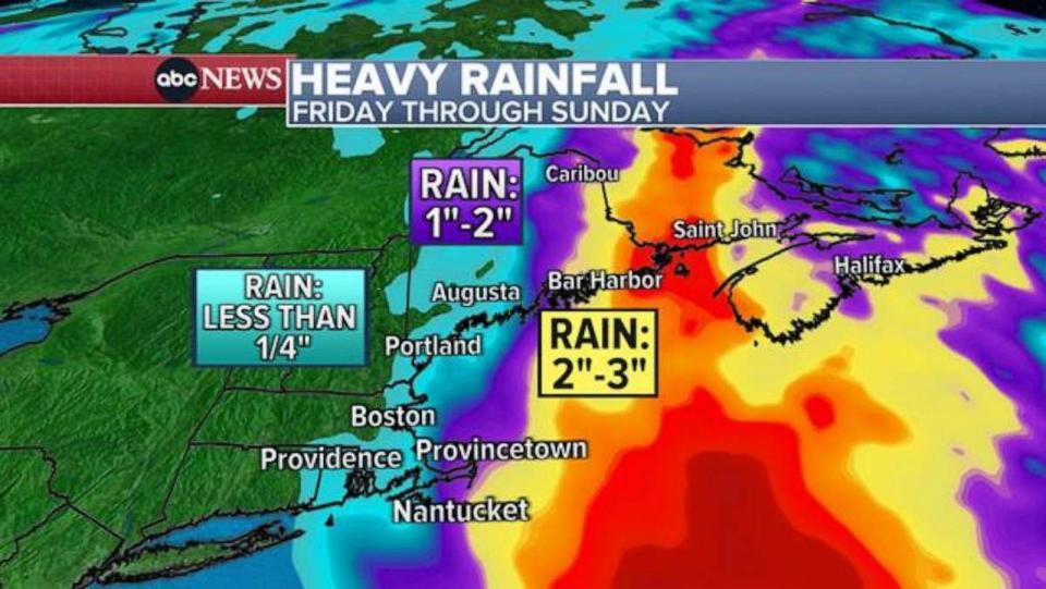 PHOTO: A weather map shows the rainfal forecast for Hurricane Lee for Friday through Sunday. (ABC News)