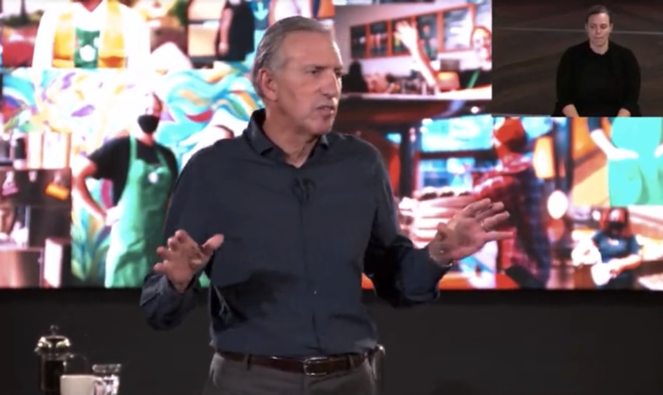 Howard Schultz at the April 4, 2022, town hall. (screenshot/Starbucks)