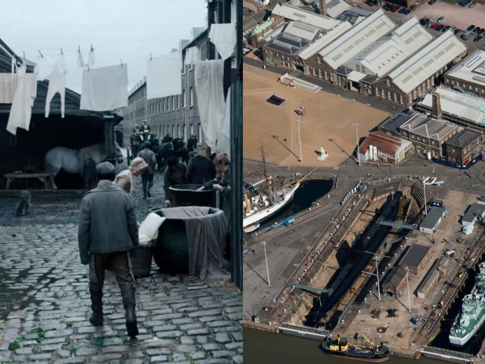 An actor walking through Chatham Dockyard in "Bridgerton" (left) and the same dockyard shown from a birds-eye view in real life (right).