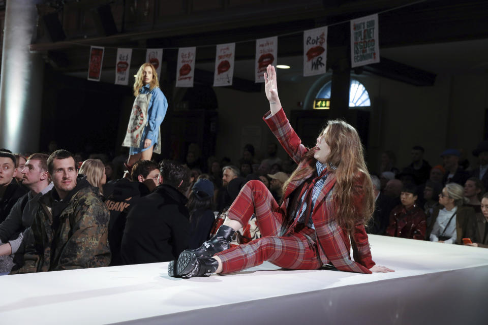 Models wear creations by designer Vivienne Westwood at the Autumn/Winter 2019 fashion week show in London, Sunday, Feb. 17, 2019.(Photo by Grant Pollard/Invision/AP)