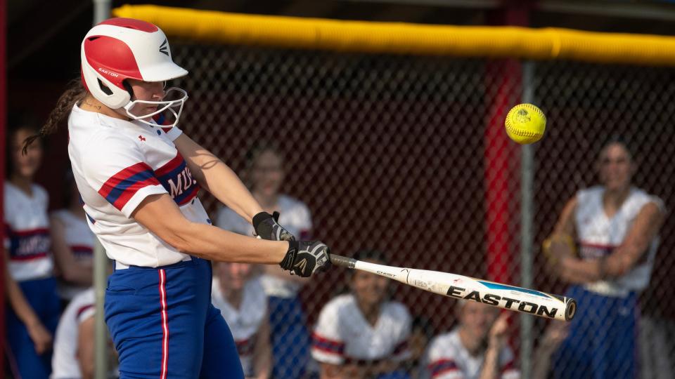 Triton's Rylee Shappell bats during the softball game between Triton and Timber Creek played at Triton High School on Wednesday, April 5, 2023.  Triton defeated Timber Creek, 8-5.