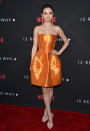 <p>Selena Gomez wore a sophisticated strapless orange minidress from Oscar de la Renta’s fall 2017 ready-to-wear collection to the <em>13 Reasons Why</em> premiere in Los Angeles, March 2017. (Photo: Getty Images) </p>