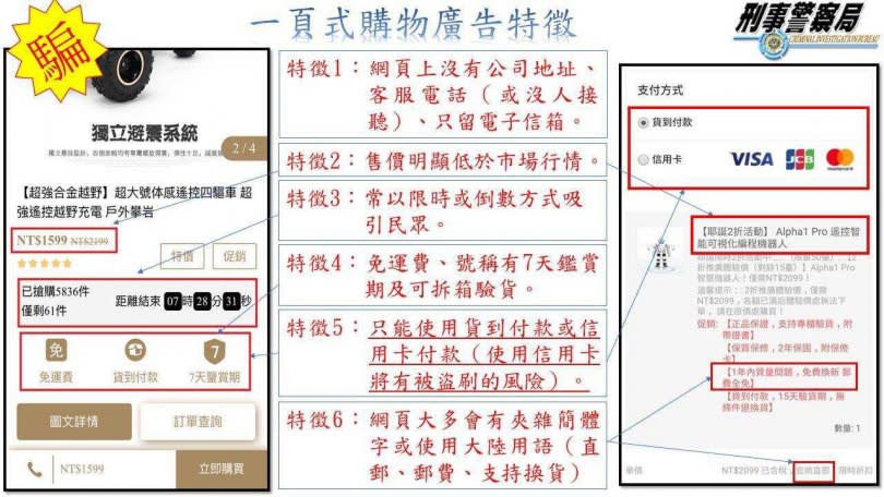 警方提醒消費者，只要銷售網頁上沒有公司地址和電話，售價明顯低於行情，或是夾雜著簡體字，都有可能是典型的一頁式詐騙。（圖／翻攝畫面）