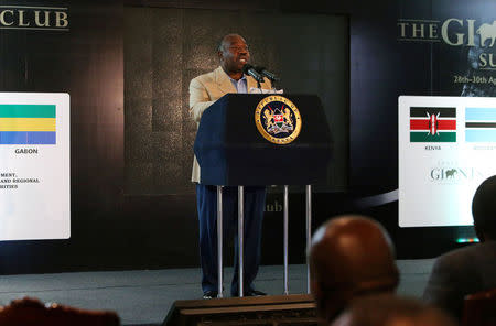 Gabonese President Ali Bongo Ondimba addresses an audience during the second day of the Giant Club Summit of African leaders and others on tackling poaching of elephants and rhinos at the Fairmont Mount Kenya Safari Club in Nanyuki, Laikipia county, Kenya, Laikipia County, Kenya, April 29, 2016. REUTERS/Siegfried Modola