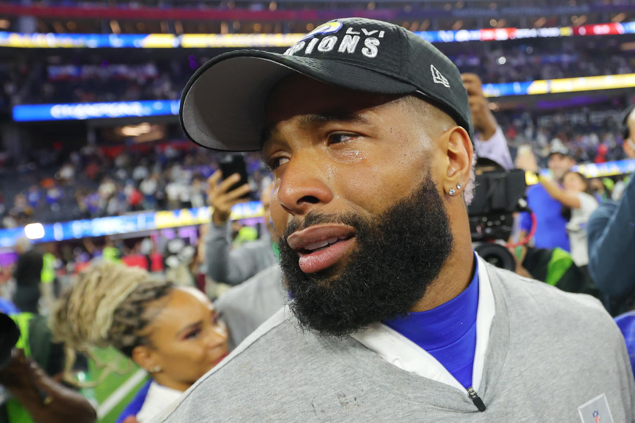 INGLEWOOD, CALIFORNIA - FEBRUARY 13: Odell Beckham Jr. #3 of the Los Angeles Rams celebrates after Super Bowl LVI at SoFi Stadium on February 13, 2022 in Inglewood, California. The Los Angeles Rams defeated the Cincinnati Bengals 23-20.  (Photo by Kevin C. Cox/Getty Images)