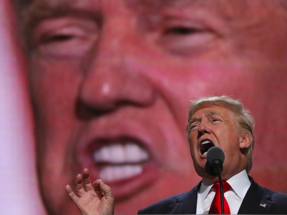 Republican presidential nominee Donald Trump speaks as he accepts the nomination during the final session of the Republican National Convention in Cleveland, Ohio, July 21, 2016.