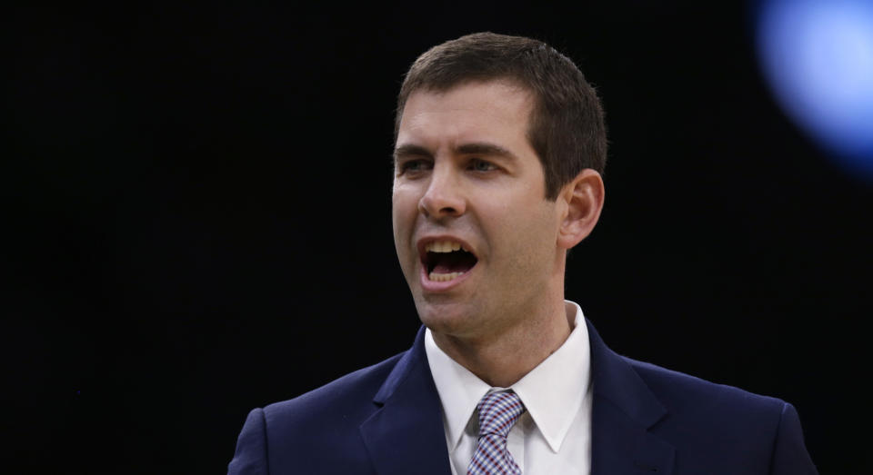 Boston Celtics head coach Brad Stevens calls to his bench during the second quarter of Game 2 of an NBA basketball first-round playoff series against the Indiana Pacers, Wednesday, April 17, 2019, in Boston. (AP Photo/Charles Krupa)