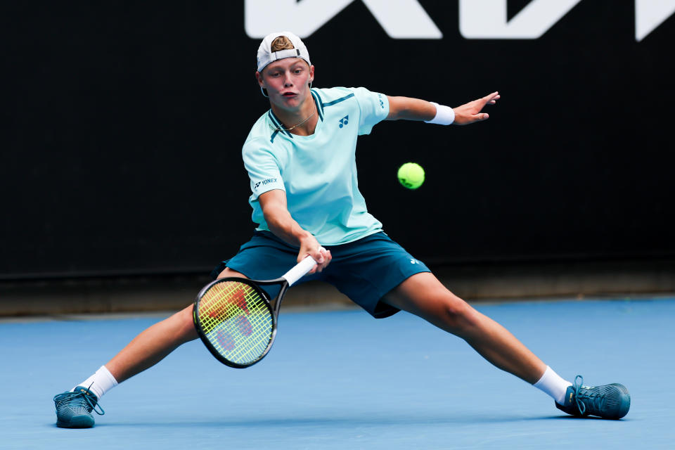 MELBOURNE, AUSTRALIA - JANUARY 21, 2024: Cruz Hewitt of Australia competes against Alexander Razeghi of the United States in their first round singles match during the 2024 Australian Open Junior Championships at Melbourne Park. (Photo credit should read Chris Putnam/Future Publishing via Getty Images)