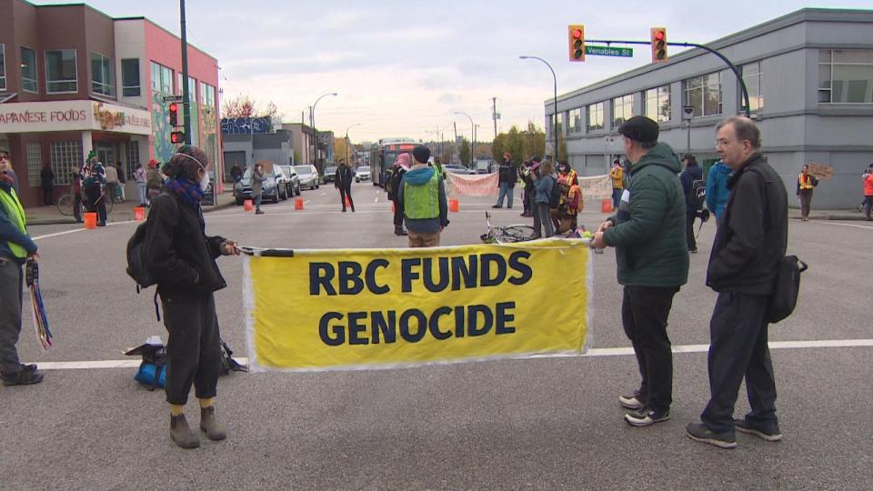 Demonstrators calling for a ceasefire in Gaza blocked the intersection of Clark and Venables in East Vancouver on Nov. 3, 2023.