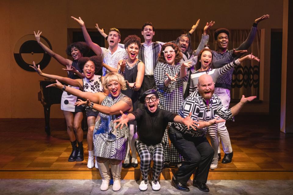 The ensemble of the first Broadway revival of Stephen Sondheim and George Furth’s musical “Merrily We Roll Along.”