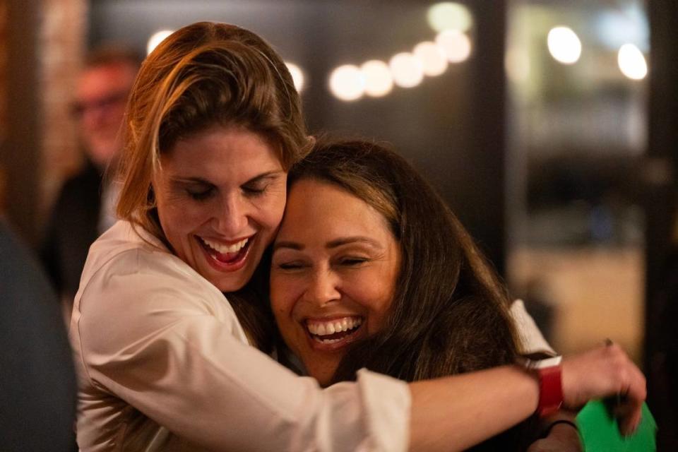 California 6th District Assembly candidate Maggy Krell, left, hugs supporter Rachelle Ditmore, CEO of anti-trafficking organization City of Refuge, during her election night party at 58 Degrees & Holding Co. in midtown Sacramento on Tuesday.