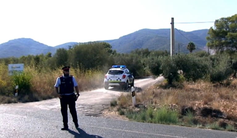 A policeman stands guard on a road in Alcanar