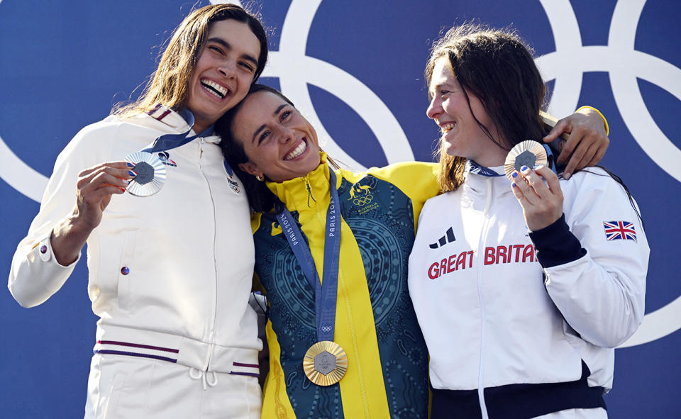 Angele Hug, Noemie Fox and Kimberley Woods, pictured here with their medals after the kayak cross final at the Olympics.