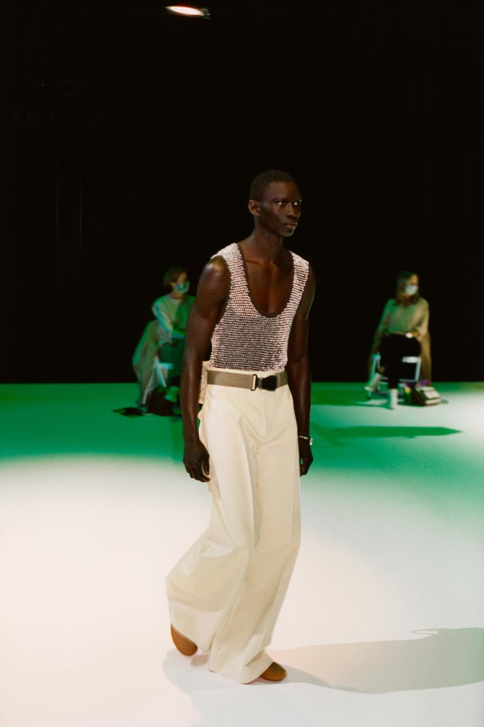 At Bottega Veneta, Daniel Lee proposed a glittery top and relaxed trousers for men and women alike. We won’t tell if you swap the pants for sweats.