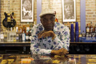 Buddy Guy poses for a portrait to promote the latest installment of the PBS biography series, “American Masters” on Wednesday, July 28, 2021, at his blues club Buddy Guy's Legends in Chicago. (AP Photo/Shafkat Anowar)