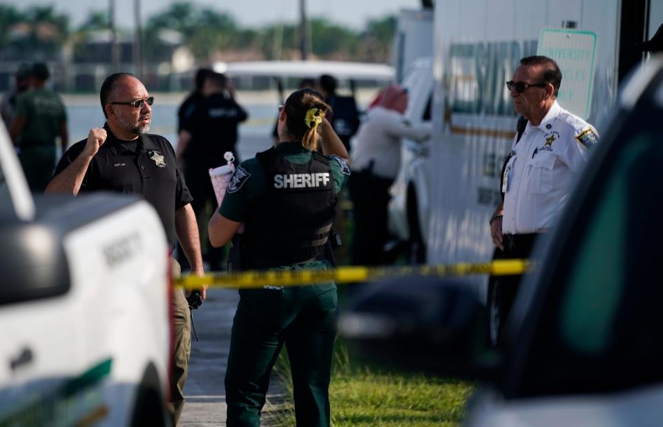 The Lee County Sheriff’s Office, Florida Fish and Wildlife Conservation Commission, San Carlos Park Fire Department and other first responders search for a missing Florida Gulf Coast University student at a lake shared with FGCU and the Miromar Lakes community in Fort Myers on Thursday, Aug. 24, 2023.