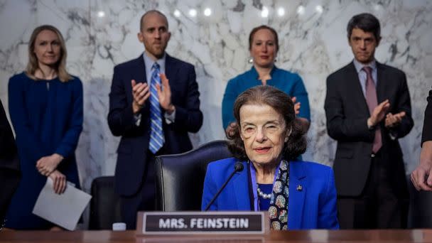 PHOTO: Sen. Dianne Feinstein takes her seat as people applaud, at a business hearing of the Senate Judiciary Committee on Capitol Hill, May 11, 2023, in Washington, D.C. (Drew Angerer/Getty Images)