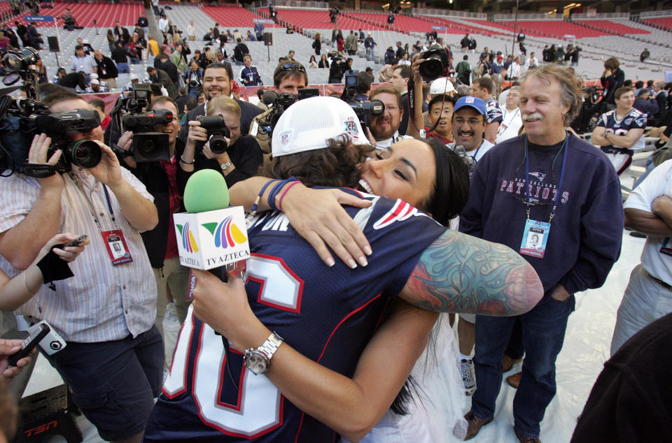 (012907 Glendale, AZ)  Ines Gomes Mont, of TV Azteca, came dressed as a bride for Tom Brady during Media Day at the University of Pheonix Stadium.  However, although she was turned down by both Brady and Manning, Lonie Paxton tracked her down and said he would be honored to have her as a bride, in jest of course.  Saved in wednesday,  January 29, 2008.  Staff photo by Lisa Hornak. (Photo by Lisa Hornak/MediaNews Group/Boston Herald via Getty Images)