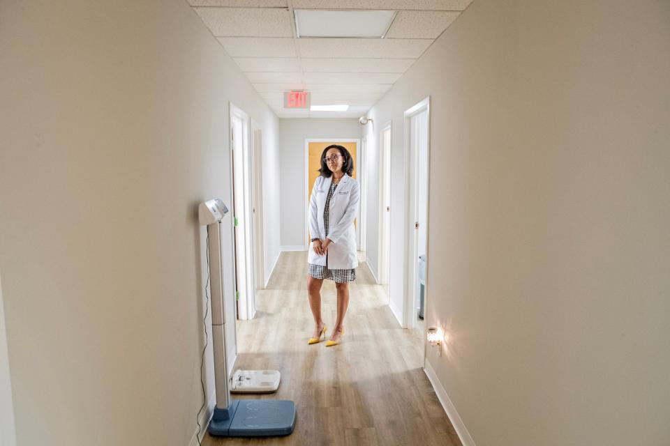 Dr. Kimberly Rogers, owner and creator of RestoreMD, stands in the hallway at the Silverside Medical Center in Brandywine Hundred on Thursday, July 27, 2023. RestoreMD is a direct primary care practice that opened this year that seeks to provide improved health care access to people in Delaware.