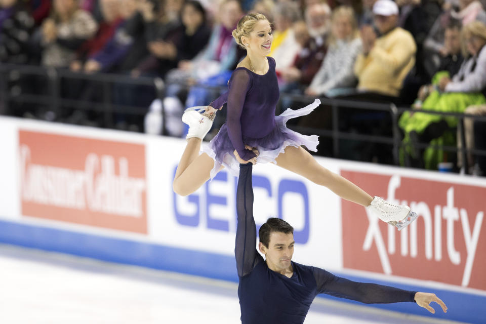 Alexa Knierim and Christopher Knierim compete in the senior pairs free skate program at the U.S. Figure Skating Championships, Saturday, Jan. 25, 2020, in Greensboro, N.C. (AP Photo/Lynn Hey)