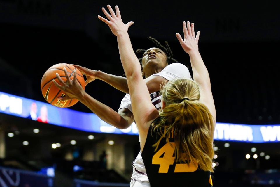 Missouri State Lady Bears guard Aniya Thomas shoots a field goal over Mizzou's Hayley Frank during a game at GSB Arena on Monday, Nov. 7, 2022.