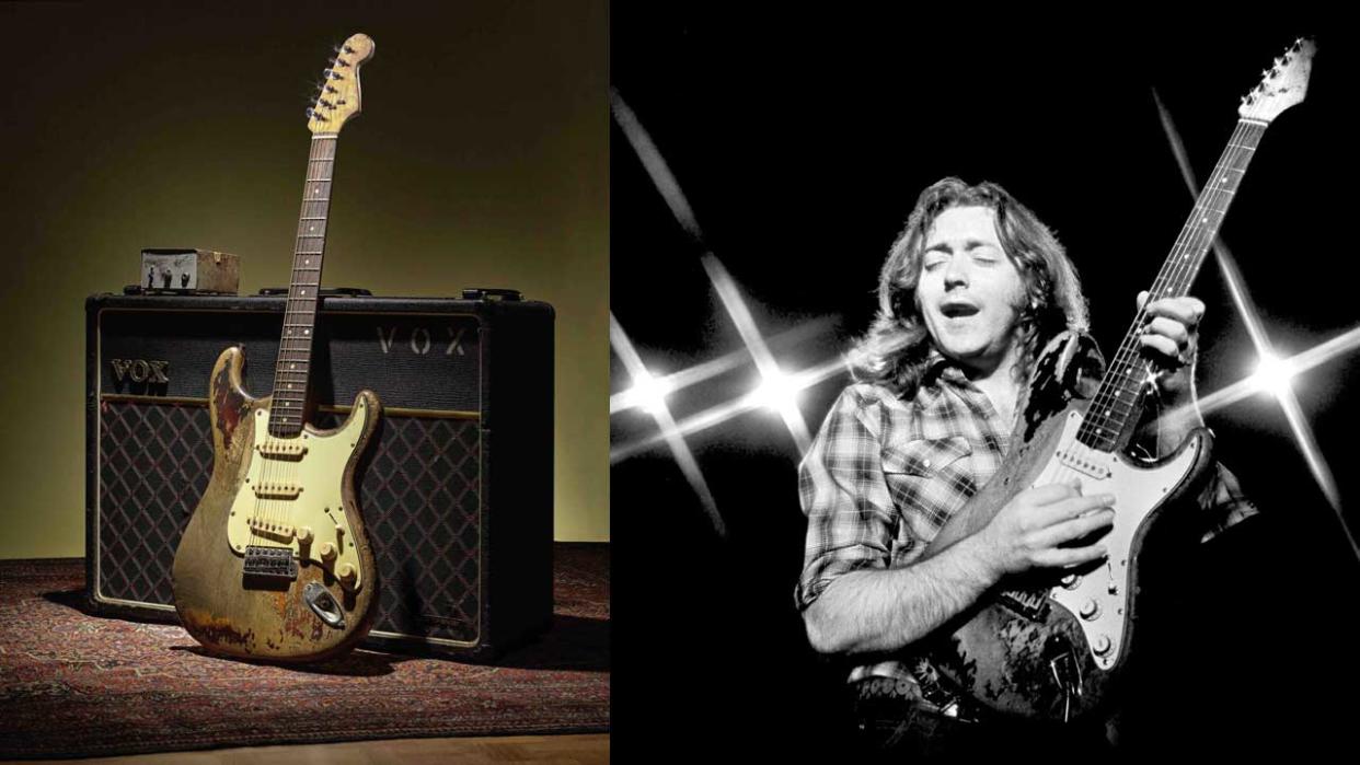  Rory Gallagher's 1961 Stratocaster, and a picture of Rory playing it. 