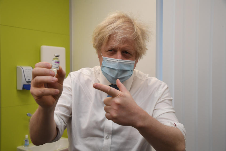 Prime Minister Boris Johnson during a visit to a coronavirus vaccination centre at the Health and Well-being Centre in Orpington, south-east London. Picture date: Monday February 15, 2021.