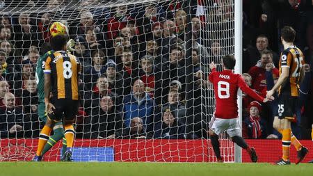 Britain Football Soccer - Manchester United v Hull City - EFL Cup Semi Final First Leg - Old Trafford - 10/1/17 Manchester United's Juan Mata scores their first goal Action Images via Reuters / Jason Cairnduff Livepic