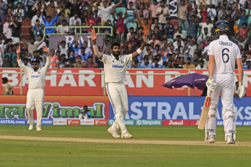 India's Jasprit Bumrah reacts after a delivery on the third day of the second cricket test match between India and England in Visakhapatnam, India, Sunday, Feb. 4, 2024. (AP Photo/Manish Swarup)