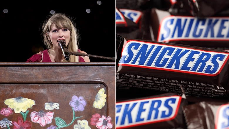 Taylor Swift playing piano and Snickers