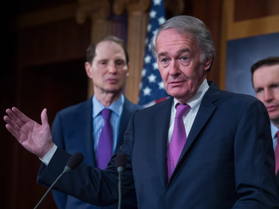 From left, Sens. Ron Wyden, D-Ore., Ed Markey, D-Mass., and Chris Murphy, D-Conn., conduct a news conference in the Capitol saying that the Republican heath care plan cuts "hundreds of billions from Medicaid and middle-class tax credits to pay for massive tax breaks for the wealthy and special interests" on June 6, 2017.