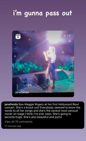 <p>Maggie Rogers/Instagram</p> Maggie Rogers reacting to Jane Fonda's kind words about her performance
