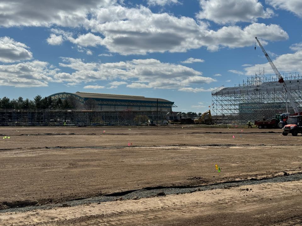 The cricket stadium, shown here in Nassau County, New York on March 19, 2024, is also expected to include operations offices and media and broadcast zones. The Nassau County Aquatic Center can be seen in the background.