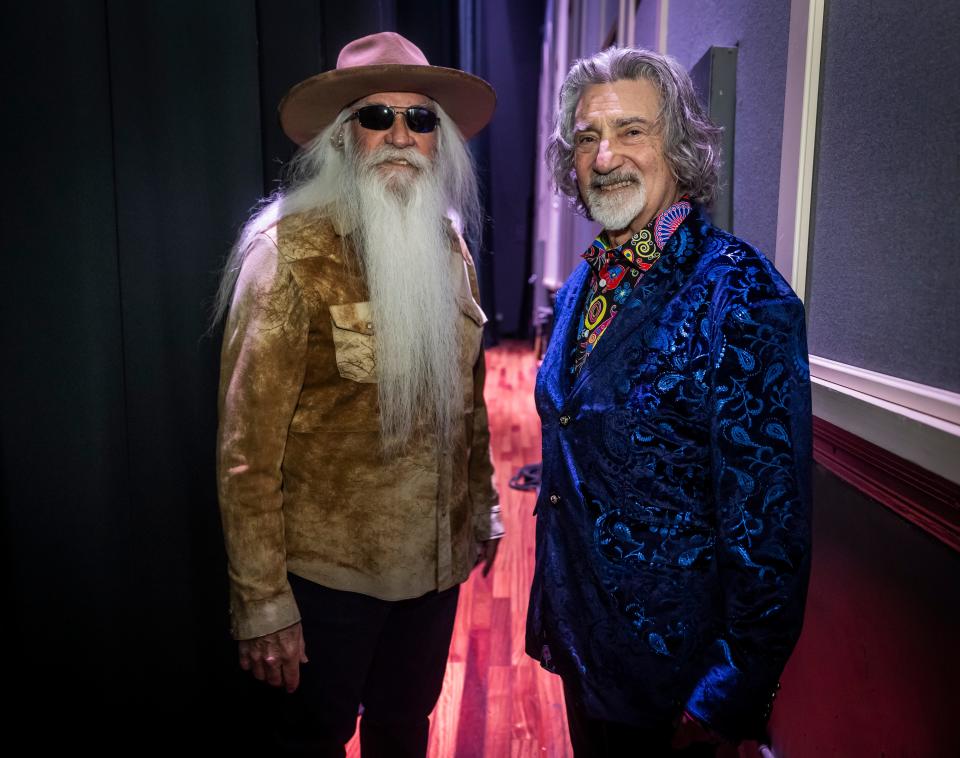 William Lee Golden, left, and Richard Sterban, right, of the Oak Ridge Boys are photographed backstage at the Ryman prior to their performance Tuesday, Dec. 12, 2023.