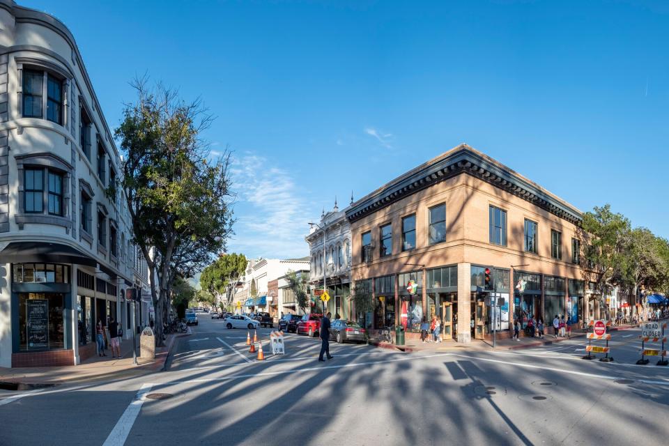 People enjoy a warm spring day in the old town of San Luis Obispo at the main historic Monterey street.