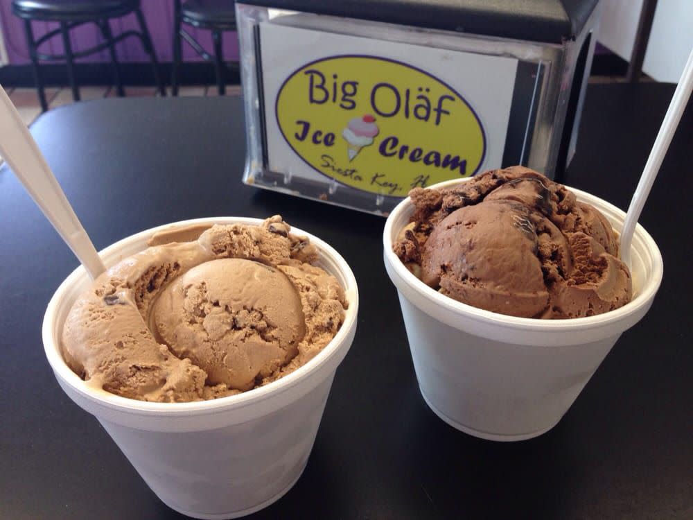 Big Olaf Ice Cream- two cups of ice cream with store sign in background